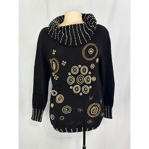 Viki International Black Gold Beaded Sweater Cowl Neck, M, Classy Ugly Christmas